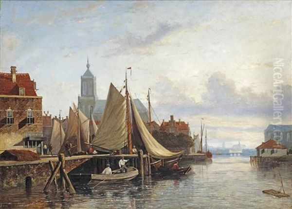 Figures On A Busy Quay, Haarlem Oil Painting by Johannes Frederik Hulk the Elder