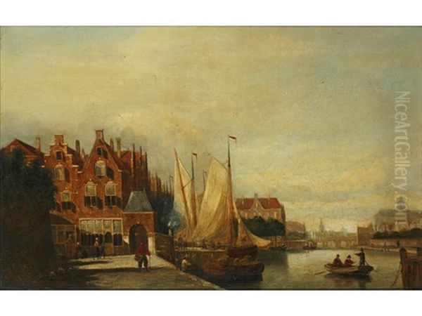 Dutch Townscape With River, And Companion (2 Works) Oil Painting by Johannes Frederik Hulk the Elder