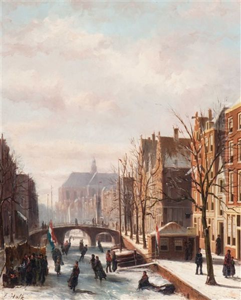 Skating Fun On The Canal Oil Painting by Johannes Frederik Hulk the Elder