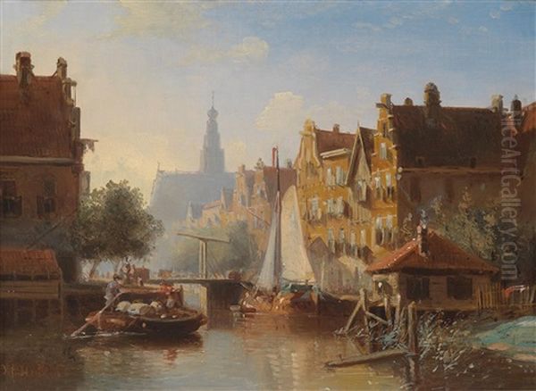 Blick In Eine Gracht In Harlem Oil Painting by Johannes Frederik Hulk the Elder