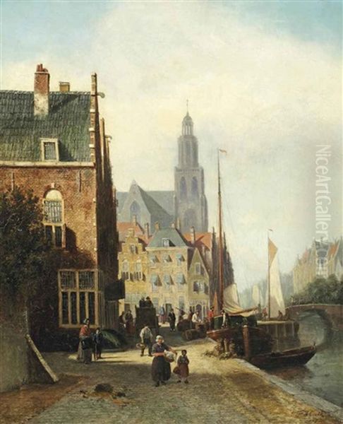 Daily Activities On A Quay In A Dutch Town Oil Painting by Johannes Frederik Hulk the Elder