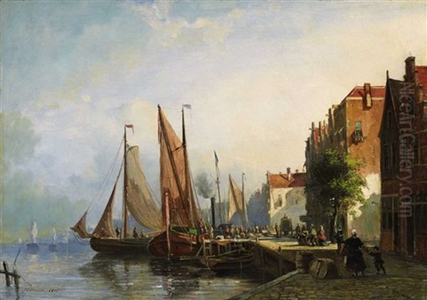 A Dutch Harbour (dordrecht?) Oil Painting by Johannes Frederik Hulk the Elder