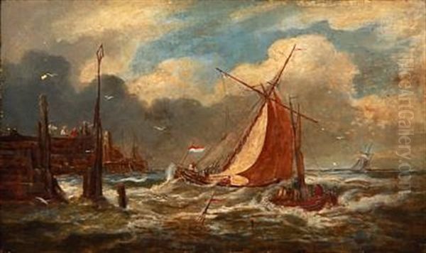 Dutch Coastal Scene With Sailing Boats In High Waves Oil Painting by Johannes Frederik Hulk the Elder