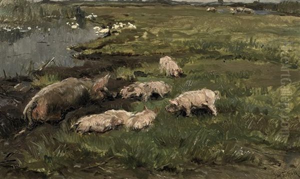 Pigs In The Mud Oil Painting by Johannes Frederik Hulk the Elder