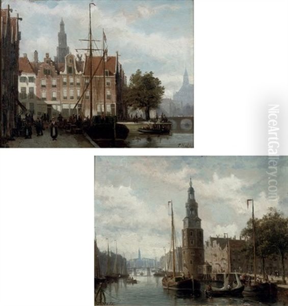 The Montelsbaantoren, Amsterdam (+ A View Of The Spaarne, Haarlem; Pair) Oil Painting by Johannes Frederik Hulk the Elder