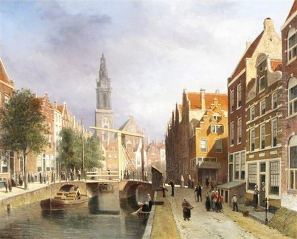 Canal Scene, Amsterdam Oil Painting by Johannes Frederik Hulk the Elder