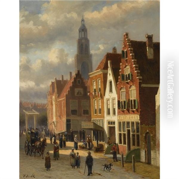 Many Figures In The Streets Of A Dutch Town by Johannes Frederik Hulk the Elder