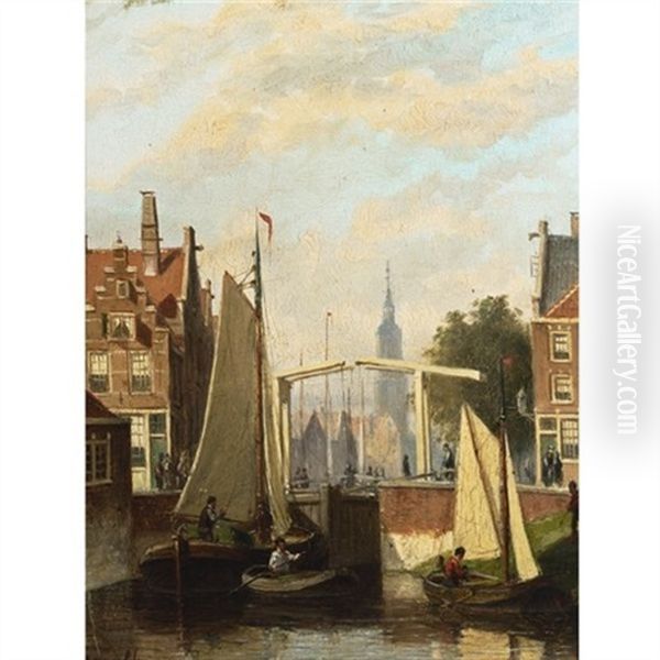 Boats On A Canal In A Dutch Town Oil Painting by Johannes Frederik Hulk the Elder