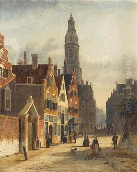 A Busy Dutch Street Oil Painting by Johannes Frederik Hulk the Elder