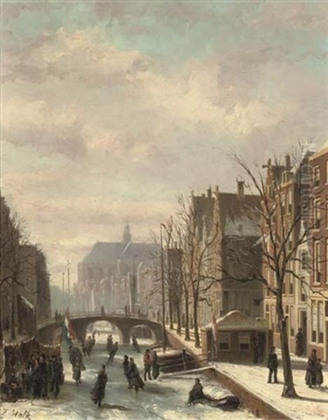 Skating On A Dutch Canal Oil Painting by Johannes Frederik Hulk the Elder