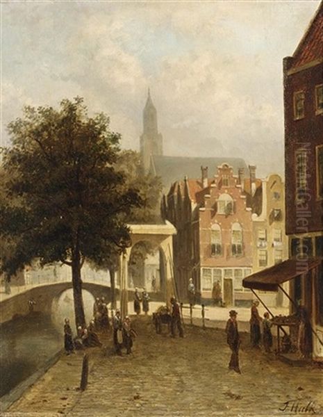 Villagers In The Streets Of A Dutch Town Oil Painting by Johannes Frederik Hulk the Elder