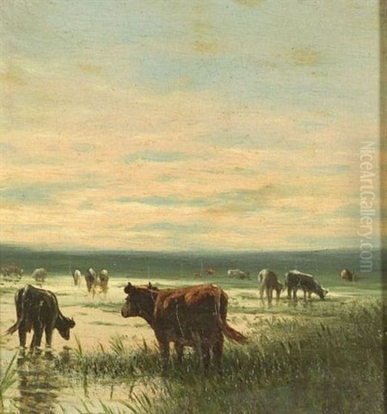 Cattle Watering At The Marshes Oil Painting by Johannes Frederik Hulk the Elder