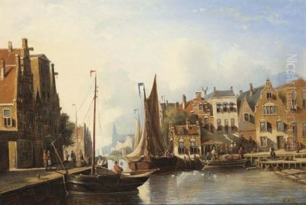 A Busy Canal In A Dutch Town Oil Painting by Johannes Frederik Hulk the Elder