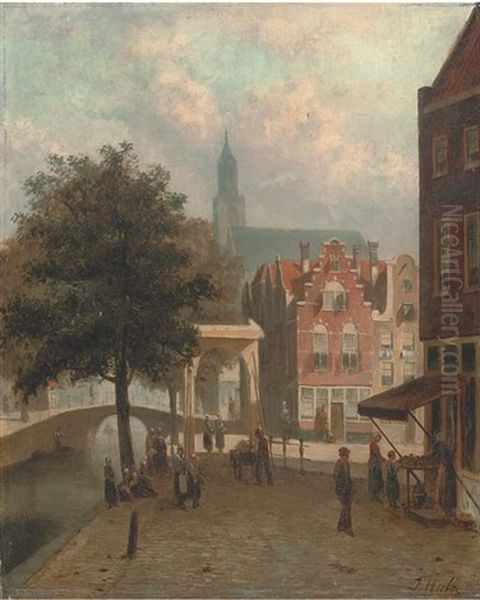 A Flower Stall On A Dutch Canal Oil Painting by Johannes Frederik Hulk the Elder