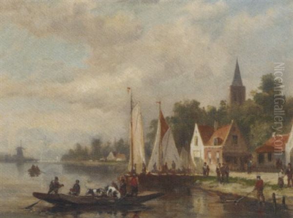 A Cattle Ferry On A River By A Village Oil Painting by Johannes Frederik Hulk the Elder