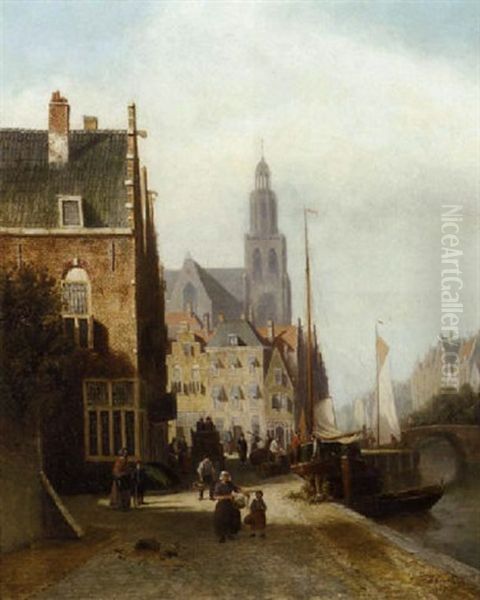 Daily Activities Along A Dutch Canal Oil Painting by Johannes Frederik Hulk the Elder