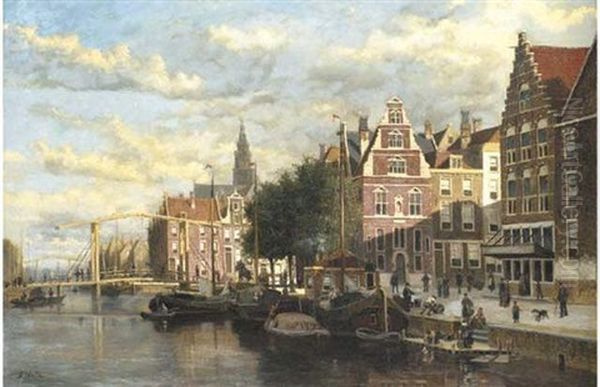 A Canal In Amsterdam Oil Painting by Johannes Frederik Hulk the Elder