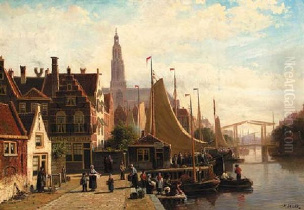 A View Of A Town In Summer With Townsfolk On A Quay By The Sneek-lemmer Ferry Post Oil Painting by Johannes Frederik Hulk the Elder