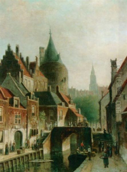 A Canal In A Dutch Town Oil Painting by Johannes Frederik Hulk the Elder