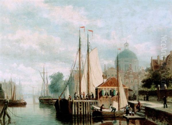 Figures On A Quay Of An Amsterdam Canal Oil Painting by Johannes Frederik Hulk the Elder