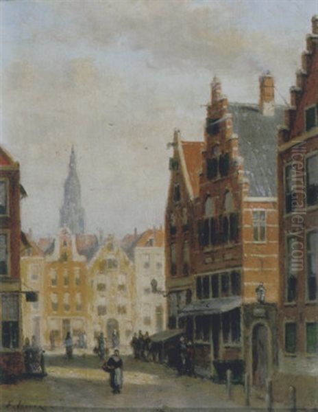 Hollands Straatgezicht Met Figuren Oil Painting by Johannes Frederik Hulk the Elder