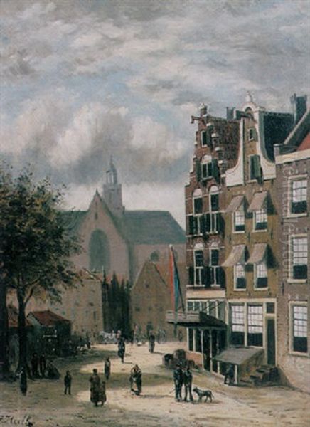 Figures In The Streets Of A Dutch Town Oil Painting by Johannes Frederik Hulk the Elder