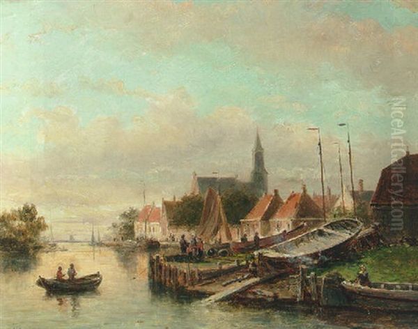 A View Of A Town With A Shipyard Along A Quay Oil Painting by Johannes Frederik Hulk the Elder