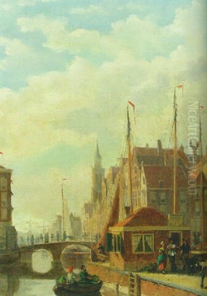 A View Of Meppel With Figures Standing Near A Tollhouse Oil Painting by Johannes Frederik Hulk the Elder