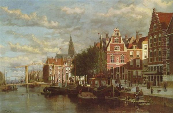 A Canal In Amsterdam Oil Painting by Johannes Frederik Hulk the Elder