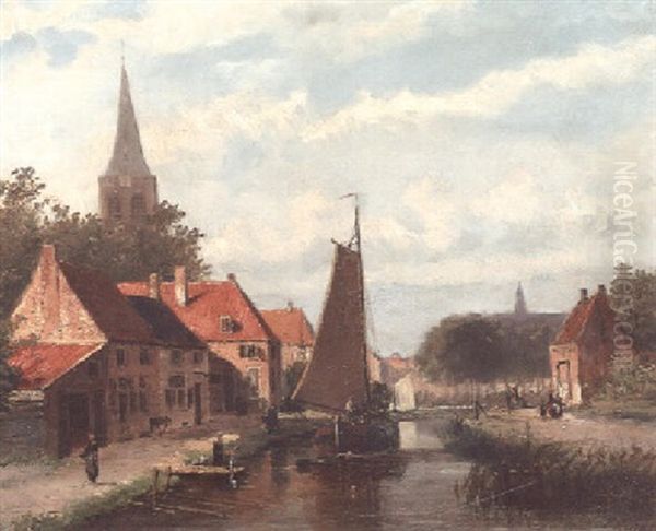 Figures On A Canal Oil Painting by Johannes Frederik Hulk the Elder