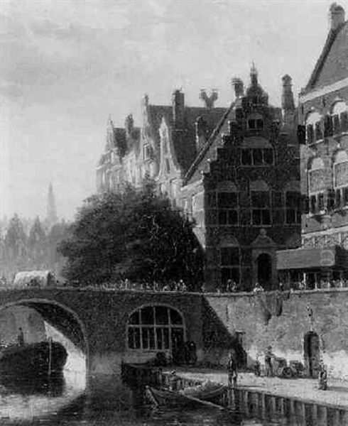 A Capriccio View Of The Oude Gracht, Utrecht, With Numerous Townsfolk Oil Painting by Johannes Frederik Hulk the Elder