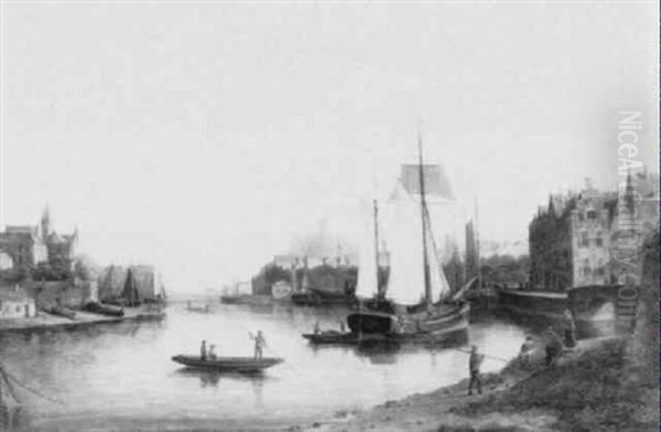 Fishing Boats Along A Canal Oil Painting by Johannes Frederik Hulk the Elder