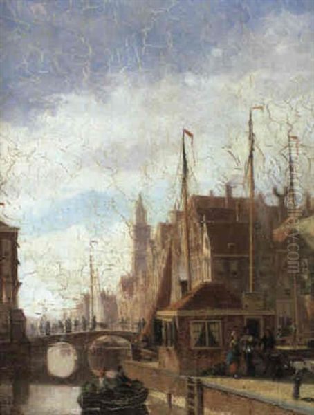 Dutch Canal Scene Oil Painting by Johannes Frederik Hulk the Elder