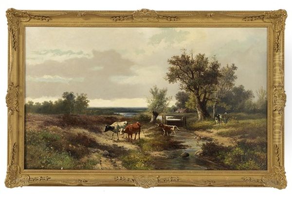 Surrey Landscape Scene, With Cattle By A Stream Oil Painting by Abraham Hulk the Younger