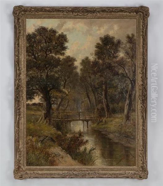 A Forest Clearing With A Fisherman Sitting Beside A River With A Bridge Beyond Oil Painting by Abraham Hulk the Younger