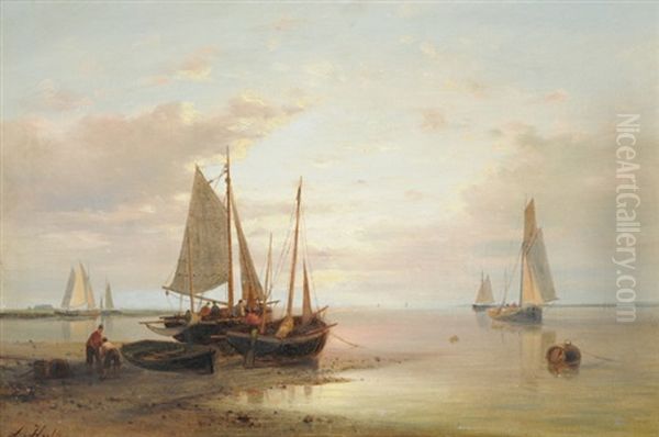 Abendstimmung Mit Segelbooten Und Fischern Am Ufer Oil Painting by Abraham Hulk the Younger