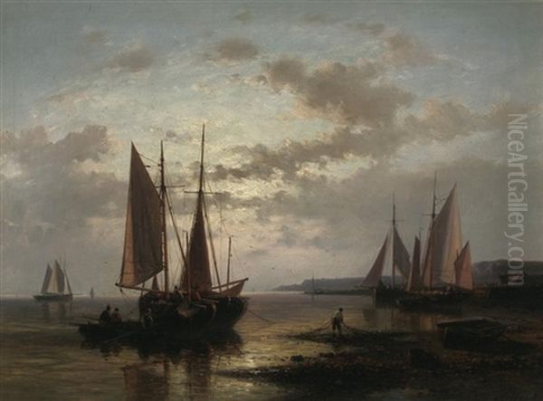 Heimkehr Der Fischer. Kustenlandschaft Mit Anlandenden Segelbooten Bei Sonnenuntergang Oil Painting by Abraham Hulk the Younger