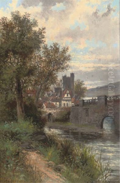 The Riverside Track, A Bridge Beyond (+ A Boat In The Reeds, A Town Beyond; Pair) Oil Painting by Abraham Hulk the Younger