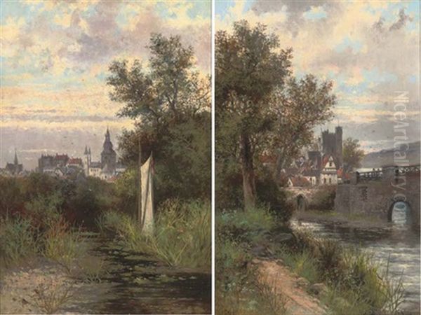 The Riverside Track, A Bridge Beyond (+ A Boat In The Reeds, A Town Beyond; Pair) Oil Painting by Abraham Hulk the Younger