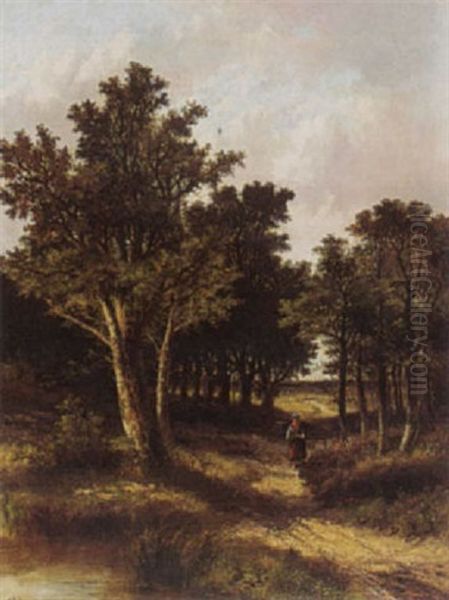 A Girl Gathering Wood On A Country Lane Near A Stream Oil Painting by Abraham Hulk the Younger