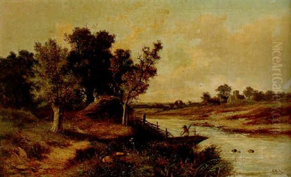 In The English Countryside: An Angler In A Boat On A River, A Village Church Beyond Oil Painting by Abraham Hulk the Younger