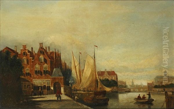 Dutch Townscape With River, And Companion Oil Painting by John Frederik Hulk the Younger