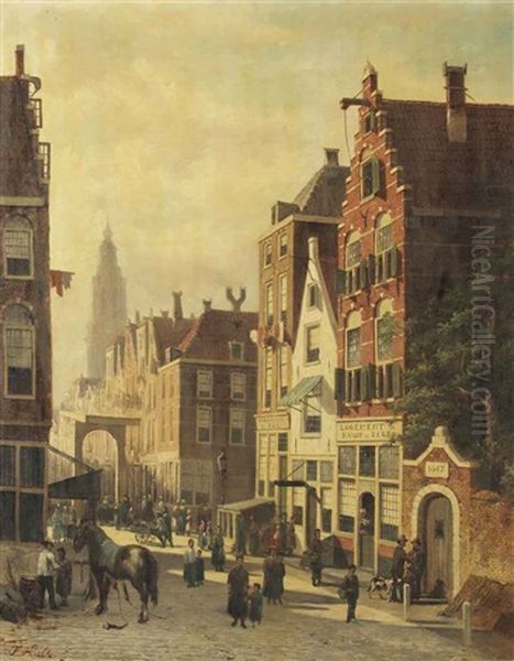 A Busy Sunlit Street With A View Of The Martinitoren, Groningen Oil Painting by John Frederik Hulk the Younger