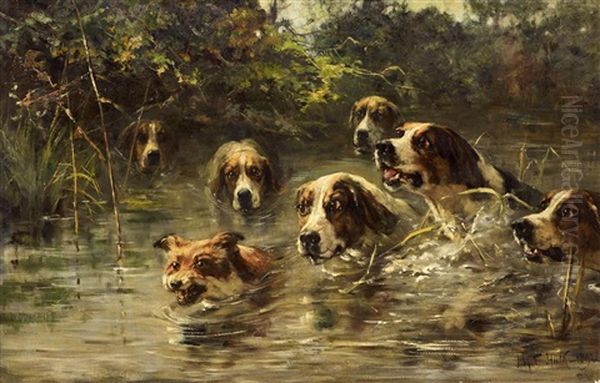 Schwimmende Hundemeute Hinter Einem Fuchs Oil Painting by John Frederik Hulk the Younger