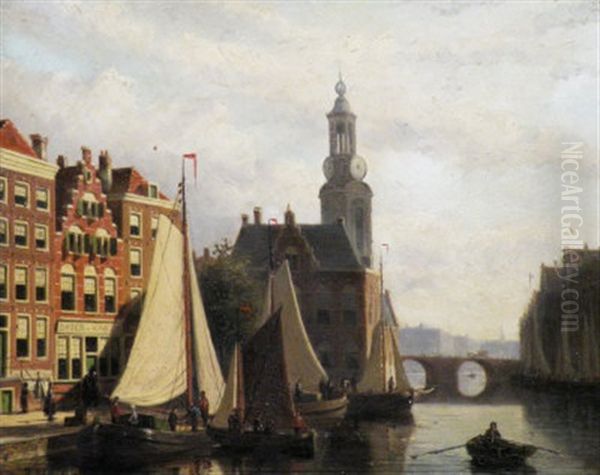 A Dutch Canal Scene Oil Painting by John Frederik Hulk the Younger