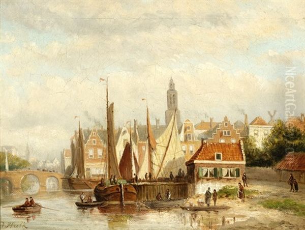 View Of Moored Boats (+ View Of Ships In A Harbour; 2 Works) Oil Painting by John Frederik Hulk the Younger