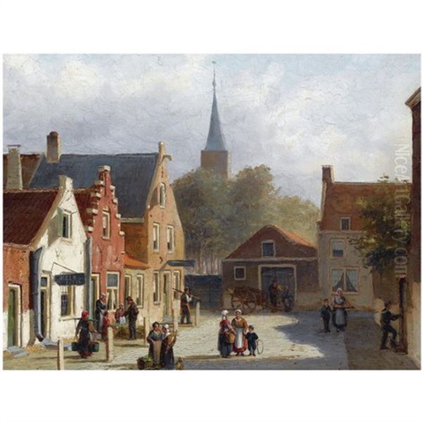 Many Figures On The Sunlit Square Of A Dutch Town Oil Painting by John Frederik Hulk the Younger