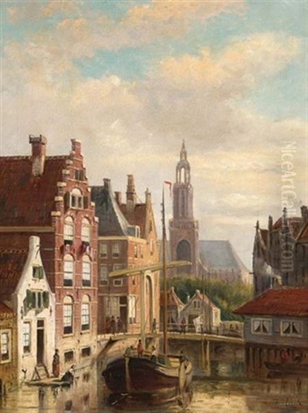 A Townview With A Barge On The Canal Oil Painting by John Frederik Hulk the Younger