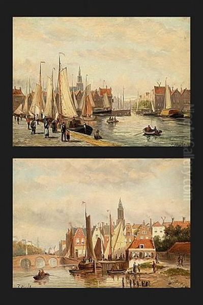 Views Of Ships In The Harbour Of A Dutch Town (pair) Oil Painting by John Frederik Hulk the Younger