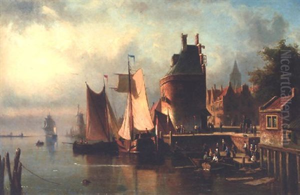 Unloading Ships At A Dutch Port Oil Painting by John Frederik Hulk the Younger